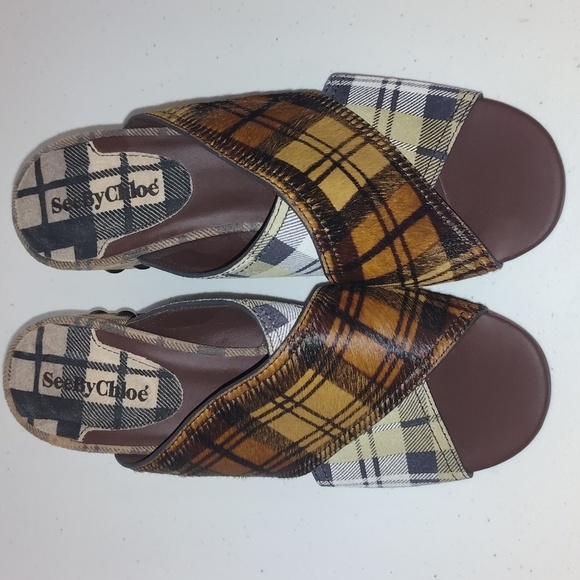 SEE by CHLOE | Marta | Suede Leather Calf Plaid Heeled Sandal Size 7 - Picture 2 of 12
